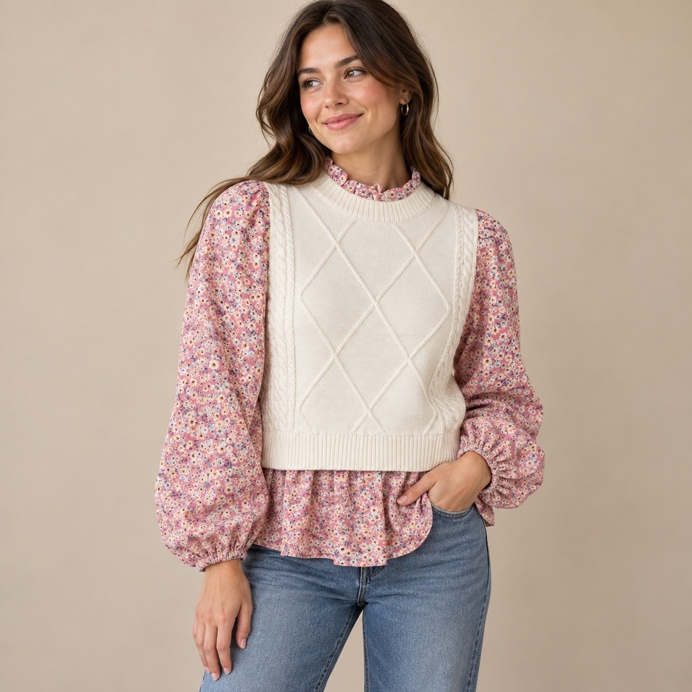 NWT Cottagecore Floral Eyelet Puff Sleeve Cable Knit Sweater Blouse Pink Cream